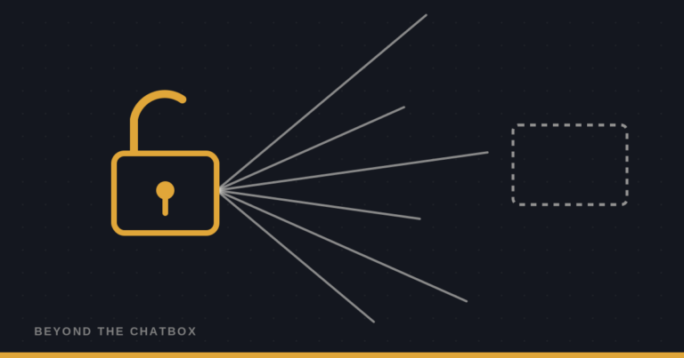 Illustration of an unlocked padlock radiating lines outward past a dashed box, representing AI potential beyond simple queries